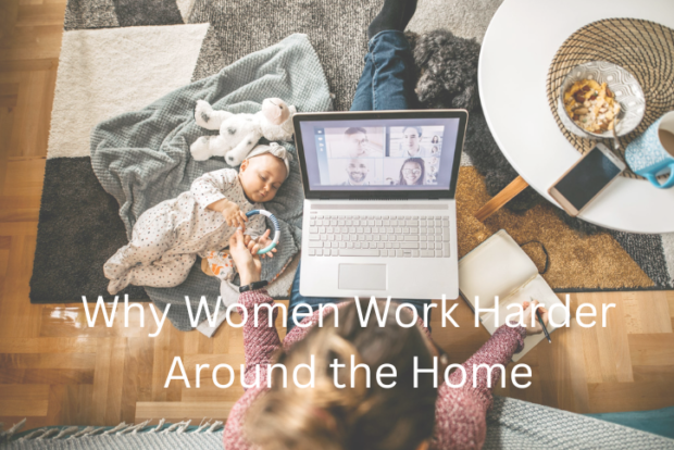 Woman caring for baby, working on laptop and eating at the same time